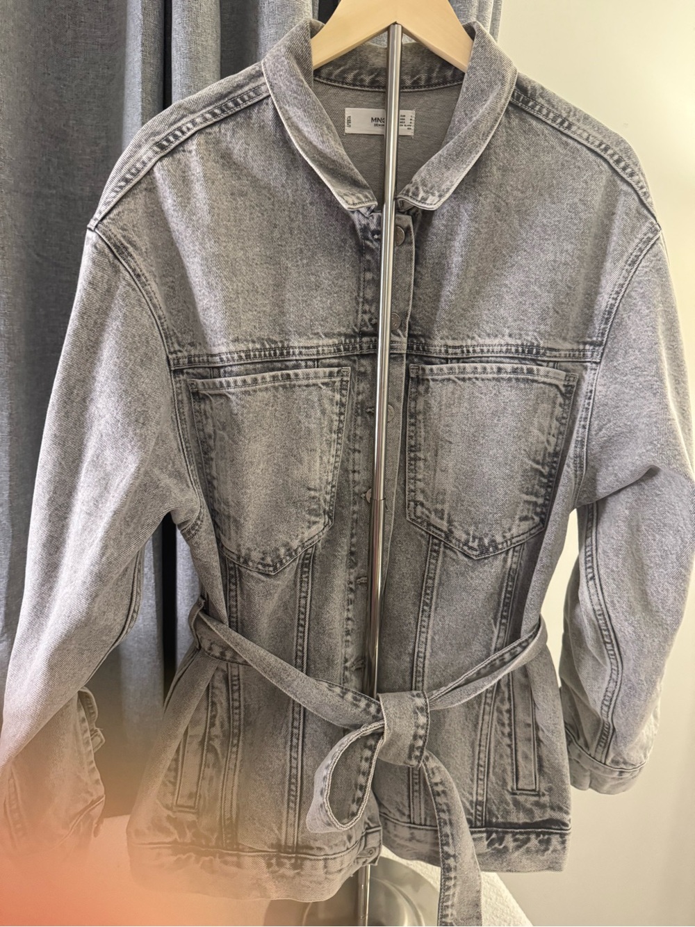 Mango Washed Gray Denim Belted Jacket